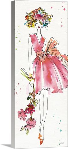 a watercolor painting of a woman in a pink dress with flowers on her head