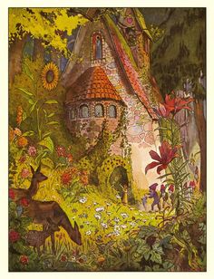 an illustration of a house in the woods with flowers and animals around it, surrounded by trees