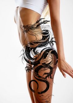 Dragon Tattoo Stomach For Women, Dragon Tattoo Stomach, Dragon Leg Tattoo, Trippy Tattoo Ideas, Trippy Tattoo, Private Tattoos, Crazy Tattoos, Dragon Tattoo For Women