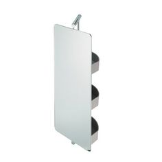 a bathroom mirror hanging on the wall next to a shelf with two shelves underneath it