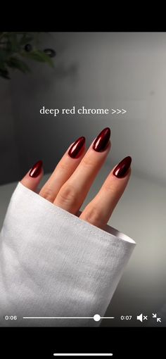 Mocha Cherry Nails Chrome, Burgundy Glossy Nails, Dark Nails Short Almond, Short Nails Ideas Dark Colour, Maroon Velvet Nails, Fall Deep Red Nails, Shiny Burgundy Nails, Red Dark Nails Design, Gel Nails Shimmer