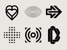 various black and white symbols on a gray background, including an arrow, heart, cross, circle, round, hexagon