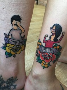 two people with matching tattoos on their legs