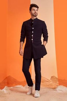 Shop for S&N by Shantnu Nikhil Blue Poly Blend Mandarin Collar Sherwani for Men Online at Aza Fashions Blue Sherwani, Shantanu And Nikhil, Sherwani For Men, Formal Mens Fashion, Formal Style, Sherwani, S N, Mandarin Collar, Aza Fashion