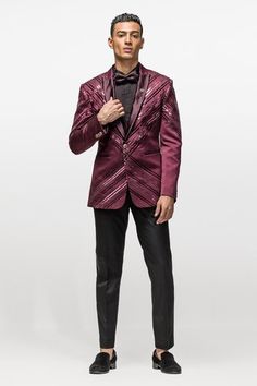 Shop for Asuka Wine Woven Jacquard Metallic Stripe Pattern Blazer And Trouser Set for Men Online at Aza Fashions Red Festive Formal Blazer, Festive Red Formal Blazer, Elegant Red Fitted Bandhgala, Elegant Fitted Red Bandhgala, Red Festive Semi-formal Blazer, Elegant Red Festive Blazer, Embroidered Blazer Men, Festive Red Semi-formal Blazer, Mens Embellished Blazer