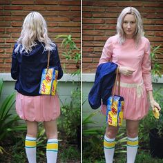 two pictures of a woman in pink dress and yellow striped socks, holding a bag