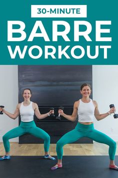 two women are doing exercises with dumbbells in front of a fireplace and text that reads 30 - minute barrel workout