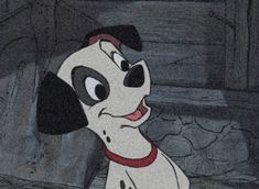 a cartoon dog with black and white spots on it's face sitting in front of a stone wall