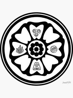 a black and white drawing of a flower in a circle with different symbols on it