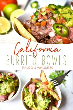 this is an image of california burrito bowls with guacamole and limes