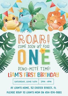 Editable Dinosaur First Birthday Invitation for Instant Digital Download | Printable Invitation Template, Dino Mite Party 1 Year Old Dinosaur 1st Birthday Invitations, Dinosaur 1st Birthday Party Invitations, Dinosaur Themed Birthday Invitations, Dino Birthday Party Invitations, Cute Dinosaur Invitations, Dinosaur First Birthday Invitations, 1st Bday Dinosaur Theme, One Dino Mite Party, Birthday Theme Dinosaur