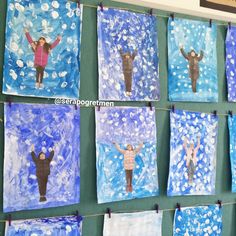 art project for kids using paper towels and watercolors to create people on snowflakes