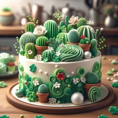 a cake decorated with green and white icing on top of a wooden table next to cookies