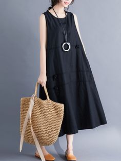 Casual Sleeveless A-line Long dress BLACK-2XL A Line Long Dress, Comfy Clothing, Clothes Making, A Line Maxi Dress, Outfit Primavera, Loose Maxi Dress, Lantern Sleeve Dress, Sleeveless Short Dress, Long Dress Casual