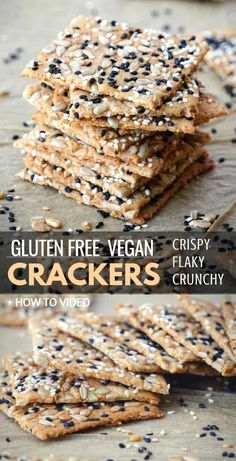 gluten free vegan crackers are stacked on top of each other with black and white sprinkles