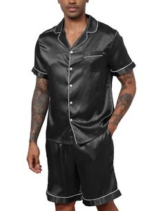 PRICES MAY VARY. PREMIUM SILK STAIN: The Mens Pajama Set is a Super-Soft, Lightweight, Breathable, and Versatile Fabric, Providing Ultimate Comfort in The Lounge and Sleeping Time. Enjoy The Silk-Like Feel of Satin Fabric in This Classic Satin Pajama Set for Men. FEATURES - Mens Silk Pajamas Set with Long Sleeved Button-Down Top and Elastic Waist Pants, Easy to Put on and Off. Classic Notch Collar, Chest Pocket Lend Sophisticated Detail. Sleepwear With Pockets to Place Your Phone and Wallet. Sat Black Satin Pajamas, Men Silk Pajamas, Mens Silk Pajamas With Sleeping Cap, Men Luxtrous Satin Pajama, Mens Button Up Pajamas, Silk Pajamas Set, Two Piece Loungewear, Mens Silk Pajamas, Satin Pajamas Set