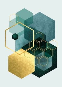 an abstract painting with gold, black and blue shapes on white paper that includes hexagonal cubes