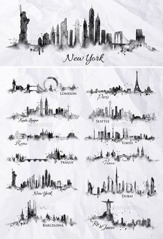 the skylines of new york city in watercolor and ink on paper - buildings objects