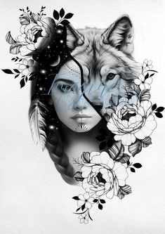 a woman's face with an image of a wolf and flowers in the background