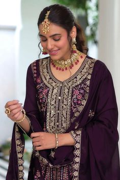 This Purple Chinon Silk Embroidered Palazzo Style Suit features intricate resham thread work, zari work, and sequence work throughout the kameez and palazzo. Embroidered chinnon palazzo bottom and top is lined with crape silk for added elegance and comfort. Included full size embroidered chinon silk dupatta. Traditional suit is perfect for formal events, such as parties, weddings, and special occasions. Premium chinon silk Kurta: Hevy chinon with emboidery work Palazzo: Hevy chinon with embroide Phulkari Pants, Lucknowi Kurta, Gharara Suits, Patiala Salwar Suits, Bridal Dupatta, Traditional Suit, Phulkari Dupatta, Palazzo Style, Chikankari Suits