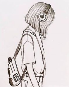 a drawing of a girl with headphones on her ears and back to the camera