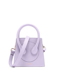 lilac calf leather logo stamp to the front grained texture panelled design circular top handles main compartment detachable shoulder strap