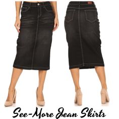 MID LENGTH SKIRTS · See-More Jean Skirts · Online Store Powered by Storenvy Jean Skirts, Style Dark, Mid Length Skirts, Skirts Online, Jean Skirt, Christian Life, Denim Wash, Mid Length, Denim Skirt