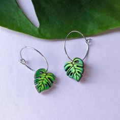 These adorable mini monstera leaf earrings are a lightweight and minimalist statement for your ears and make a great gift for a loved one. These original earrings are hand painted on cherry wood with a beautiful palette of gradated greens for a sophisticated tropical look. The holes in the monstera leaf allow for a hoop to fit through and create a nice off-center hang for the leaves which are mirrored opposites of each other. Super lightweight and comfortable, these are the perfect plant lady se Monstera Jewelry, Mini Monstera, Monstera Leaf Earrings, Wood Hoop Earrings, Kraft Gift Boxes, Hand Painted Wood, Plant Lady, Monstera Leaf, Wooden Jewelry