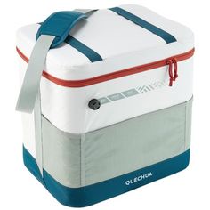 an image of a cooler bag with straps on the handles and side panels, in white and teal colors