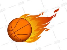 a basketball with fire on it flying through the air, in front of a white background