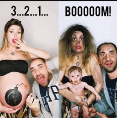 two pictures, one showing a pregnant woman and the other shows a man holding a baby