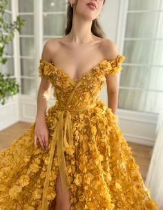 Marigold Meadow Gown Fancy Yellow Dress, Whimsical Dresses, Belle Gown, Marigold Dress, Teuta Matoshi, Gowns Plus Size, Prom Dresses Off The Shoulder, Dresses Off The Shoulder, Formal Cocktail Party