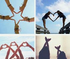 four pictures with people making heart shapes in the middle and one has their hands together