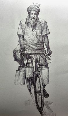 a drawing of a man riding a bike