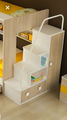 this is an image of a child's bedroom with bunk beds and stairs in it