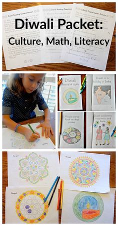 several pictures of children's artwork and crafts with the text diwali packet culture, math, literacy