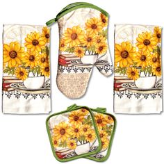 three oven mitts, one with sunflowers and the other has a potted plant