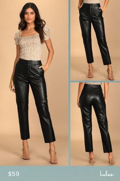 Keep it cool and keep it trendy in the Lulus Open Minded Black Vegan Leather Pants! Sleek vegan leather, with a little bit of stretch, falls from a high waist, with hidden zipper/clasp closure, into tapered pant legs with diagonal front pockets and raw hems. Seaming at the knees and tailored darting at back gives these pants a next-level feel! Fit: This garment fits true to size. Length: Ankle length. Size medium Inseam: 27.50 Front Rise: 11.75 Waist: Fitted - very fitted at natural waist. Hip: Trendy High Waist Leather Pants For Spring, Trendy High Rise Leather Pants For Spring, Straight Leg Faux Leather Bottoms With Zipper Closure, Edgy High Waist Leather Bottoms, Trendy High Rise Leather Pants For Night Out, Sleek High Waist Leather Pants With Belt Loops, Sleek High Waist Leather Bottoms, Sleek High-waist Leather Bottoms, High Waist Faux Leather Pants With Belt Loops