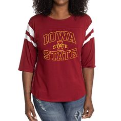 Elevate the style of your game day tee with this Iowa State Cyclones Abigail Jersey T-shirt. It features the team name and logo accentuated by contrast-color side stitching and sleeve stripes. A rounded hem gives this Iowa State Cyclones shirt a more comfortable fit and feel. Game Day Jersey T-shirt With Team Logo, Collegiate Game Day T-shirt With Team Name, Sports Fan Jersey Tops For Baseball Season, Varsity T-shirt With Team Logo For Football Season, Jersey T-shirt With Team Logo For Game Day, Collegiate T-shirt With University Logo For Game Day, Collegiate Jersey T-shirt With Team Logo, Collegiate Short Sleeve T-shirt, Collegiate Crew Neck T-shirt For Football Season