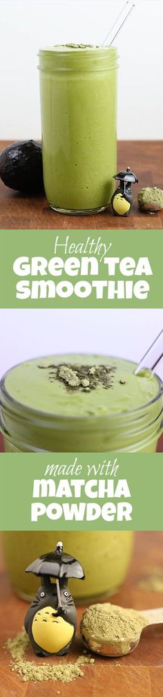 green smoothie in a mason jar with spoons on the side and two images showing how to make it