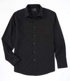 From Murano&#x2C; this woven shirt features:solid tonepoint collarlong sleevesbutton frontcurved hemclassic fitcotton/spandexmachine washImported. Men's Dress Shirts Long, Mens Black Button Up Shirt, Men Shirt Black, Mens Black Button Up, Men’s Black Shirt, Black Button Down, Button Up Shirt Png, Black Dress Shirt Outfit Men, Black Button Up