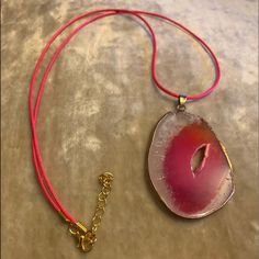 Sliced Hot Pink Crystal Agate Pendant With Electroplated Gold Edges Matching Hot Pink Cord Necklace With Gold Accents Total Length While Wearing Is 15” With An Additional 2” Extension The Pendant Itself Is 2.5” In Length Shipping Usa From Phoenix, Az Through Fbmp $3.75 Preferred Pick Up 85029 Cactus And 33rd Avenue Pink Crystal Necklace With Natural Stones, Bohemian Pink Pendant Crystal Necklace, Bohemian Pink Crystal Pendant Necklace, Bohemian Pink Agate Necklace, Pink Agate Pendant Jewelry, Handmade Adjustable Pink Necklace, Handmade Pink Long Necklace, Adjustable Pink Agate Necklace, Adjustable Pink Crystal Necklaces With Natural Stones