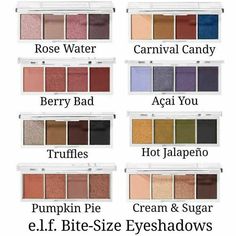 E.L.F Cosmetics BITE SIZE Quad Mini Eyeshadow PalettePowerfully loaded with pigmentsthese cute pocket size 4 shade palettes let you make a statement for any occasionSo many colour ways to choose fromWhether your look is edgy or naturalthe unique formulation is easy to blend and build onUse Wet or DryWhy we lovechoose from 8 ultra-pigmented palettes A mix of matteshimmer shades Easily blendable formula Perfect size for travel SHADESROSE WATER (PinksMauvesBERRY BAD ( Elf Eyeshadow Palette, Carnival Candy, Eye Magic, Mauve Eyeshadow, Everyday Eyeshadow, Colour Eyeshadow, Mini Eyeshadow Palette, La Colors, Elf Cosmetics