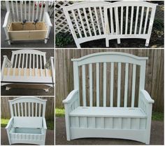 four different pictures of the same white bench