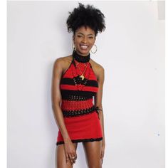 Handmade crochet/knit red and black high neck mini dress. 100% soft acrylic. Spring Turtleneck Mini Dress For Night Out, Spring Party Turtleneck Mini Dress, Chic Crochet Mini Dress For Night Out, Fitted Crochet Dress For Night Out, Chic Crochet Mini Dress, Chic Fitted Halter Neck Crochet Dress, Fitted Crochet Mini Dress For Party, Fitted Mini Crochet Dress For Party, Chic Stretch Crochet Mini Dress