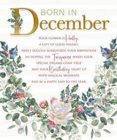 a card with the words born in december written on it and an image of a flower wreath