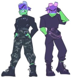 two cartoon characters are standing side by side, one is wearing purple and the other has green