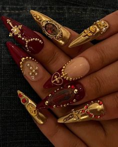 Red An Gold Nails, Lattice Nail Design, Red Nails With Gold Details, Red Ethereal Nails, Red Gold Nails Acrylic, Red Nails Gold Charms, Christmas Nails Wine Red, Dark Red Leopard Print Nails, Gold Nails Extra