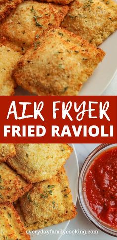 air fryer fried ravioli on a white plate with ketchup and sauce