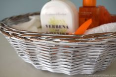 a wicker basket filled with personal care items